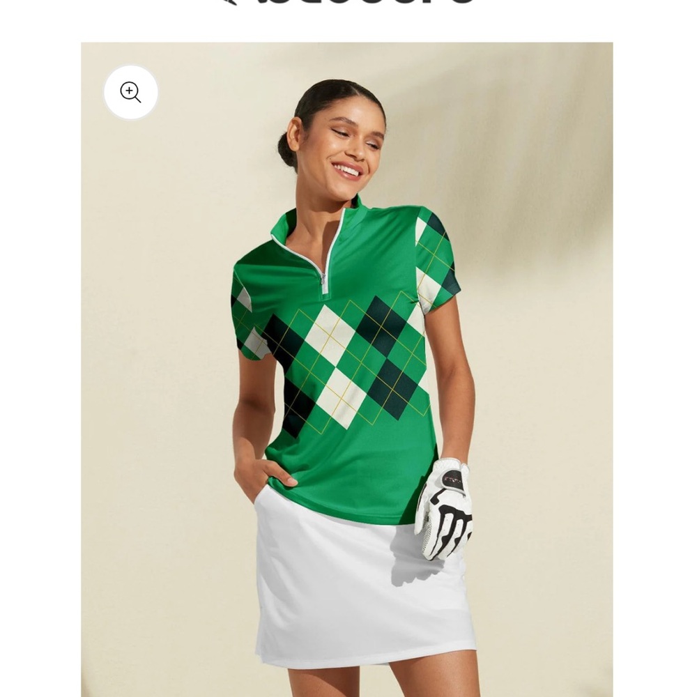 Women's Green Argyle Short Sleeve Polo Shirt